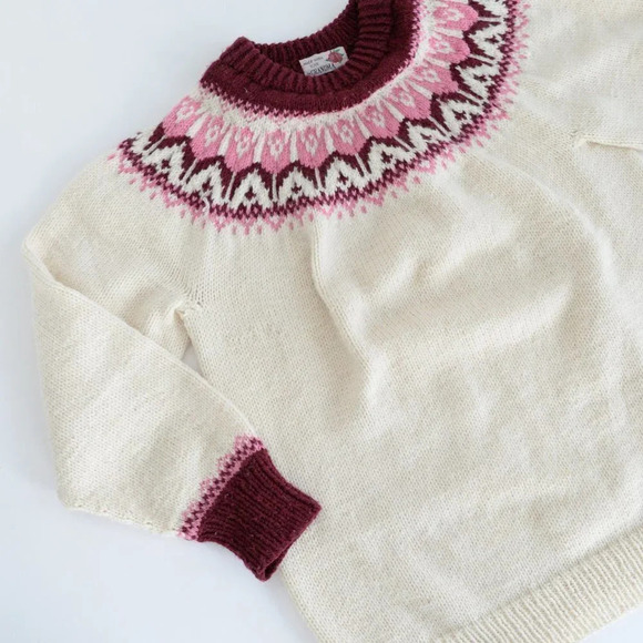 Vintage Handmade Grandma Cream Knit Pink Fair Isle Icelandic Fisherman Sweater M - Picture 7 of 13